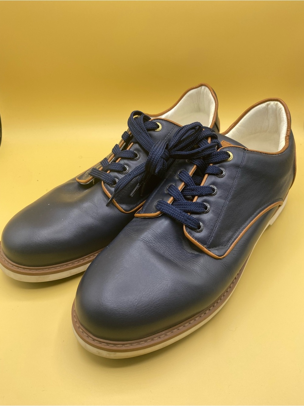 Men's Navy Leather Derby Shoes with Tan Trim - Picture 4 of 4